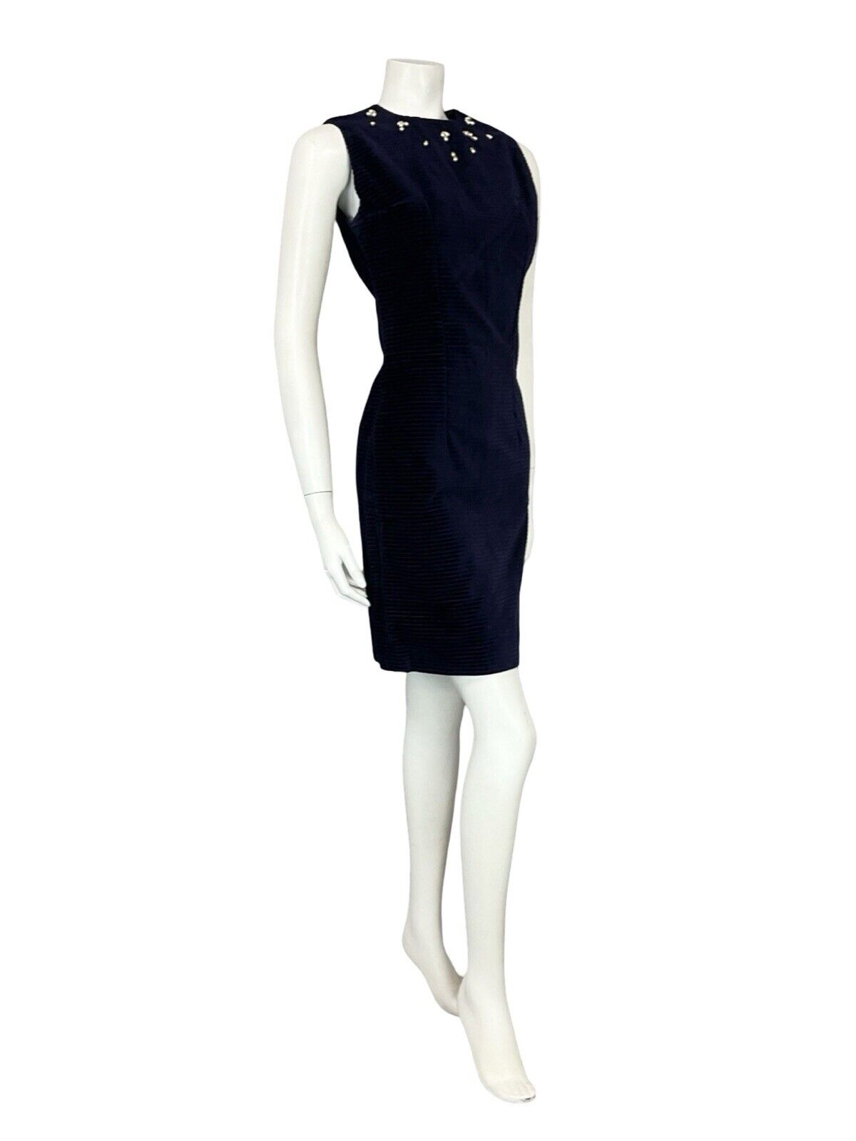 VTG 60S NAVY BLUE CORDUROY PEARL BEAD SLEEVELESS MINI PARTY FORMAL DRESS 8