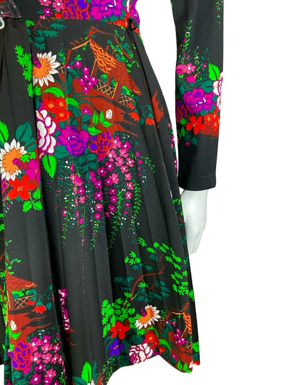 VTG 70S BETTY BARCLAY FLORAL COTTAGE BLACK PINK GREEN SWEETHEART MIDI DRESS S