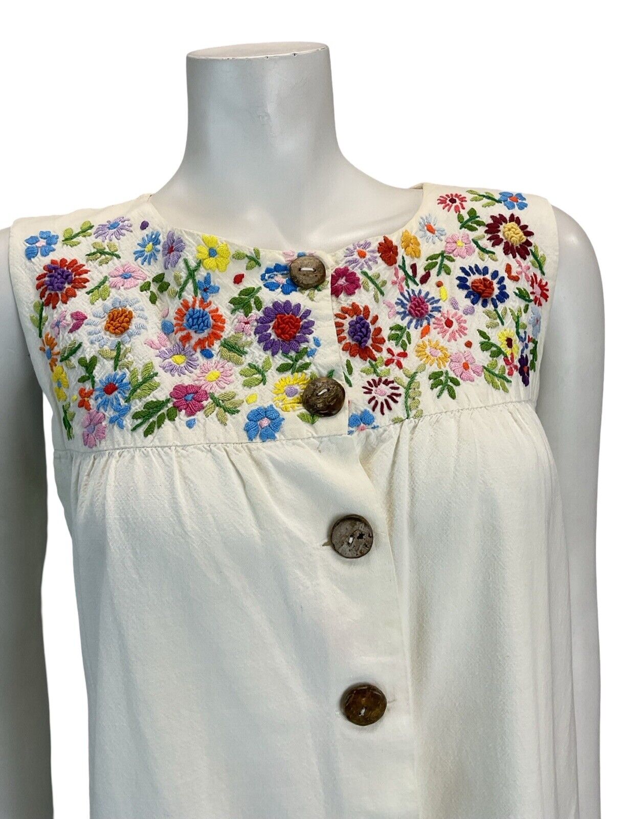 VTG 70S EMBROIDERED FLORAL SMOCK MINI DRESS 10 12