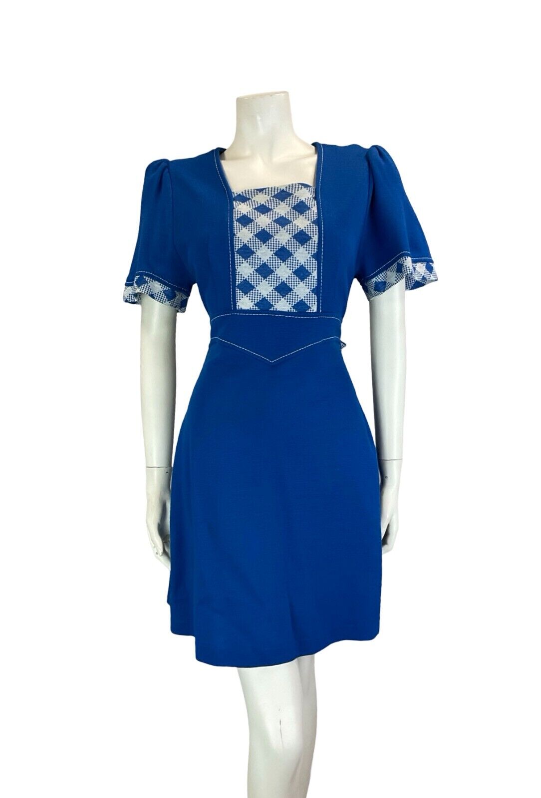 VTG 60S BRIGHT BLUE CHECKED SHORT SLEEVE TIE WAIST BOW MINI DRESS SIZE 12