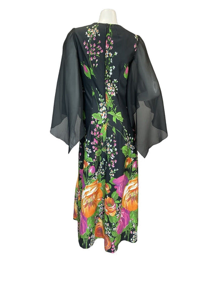 VTG 70S FLORAL CAPE SLEEVE MAXI DRESS WEDDING BLACK GREEN PINK ORANGE 6 8