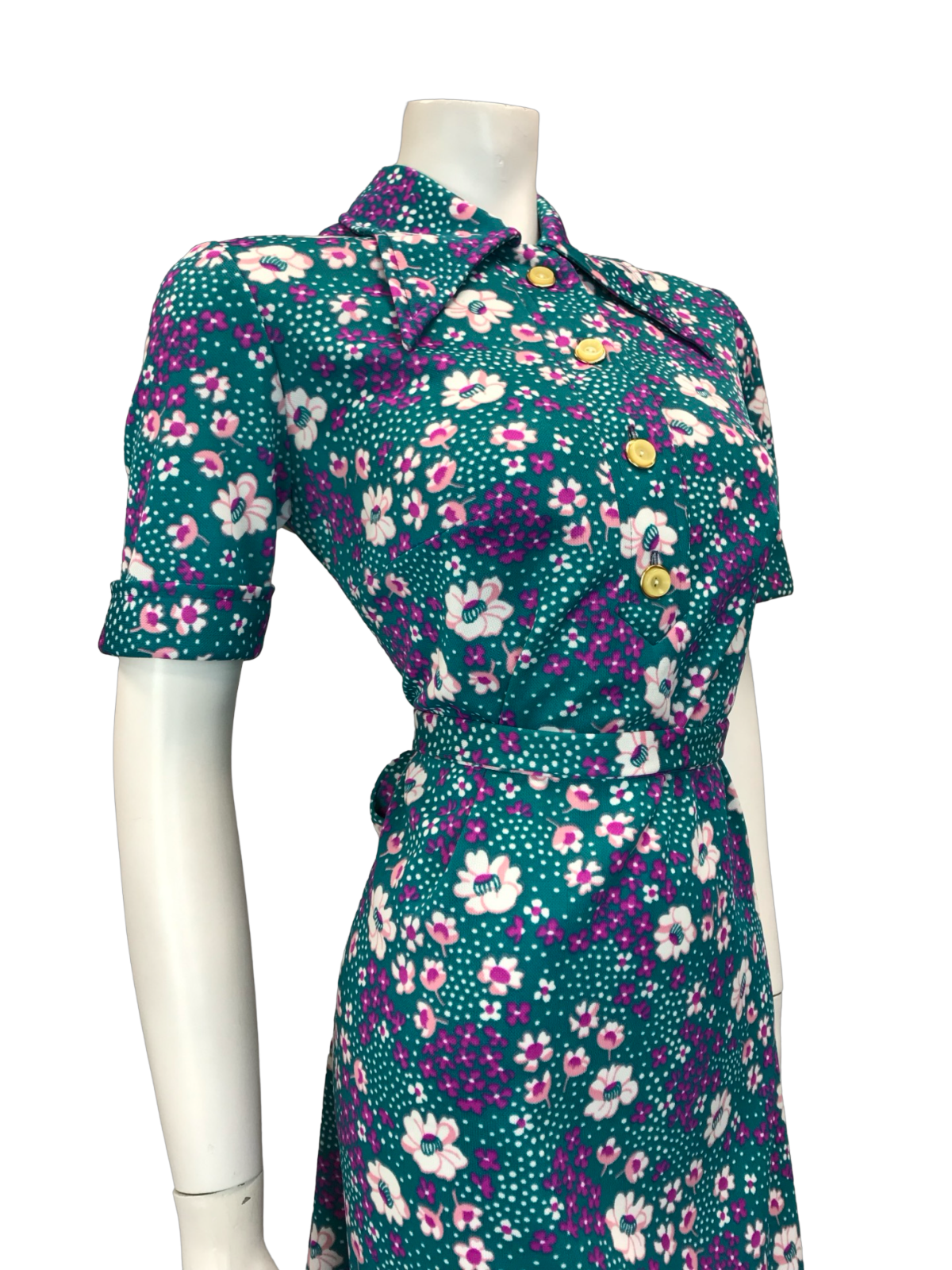 VTG 60S 70S BLUE PINK PURPLE FLORAL DAGGER COLLAR SHIRT DRESS BELT SIZE 10