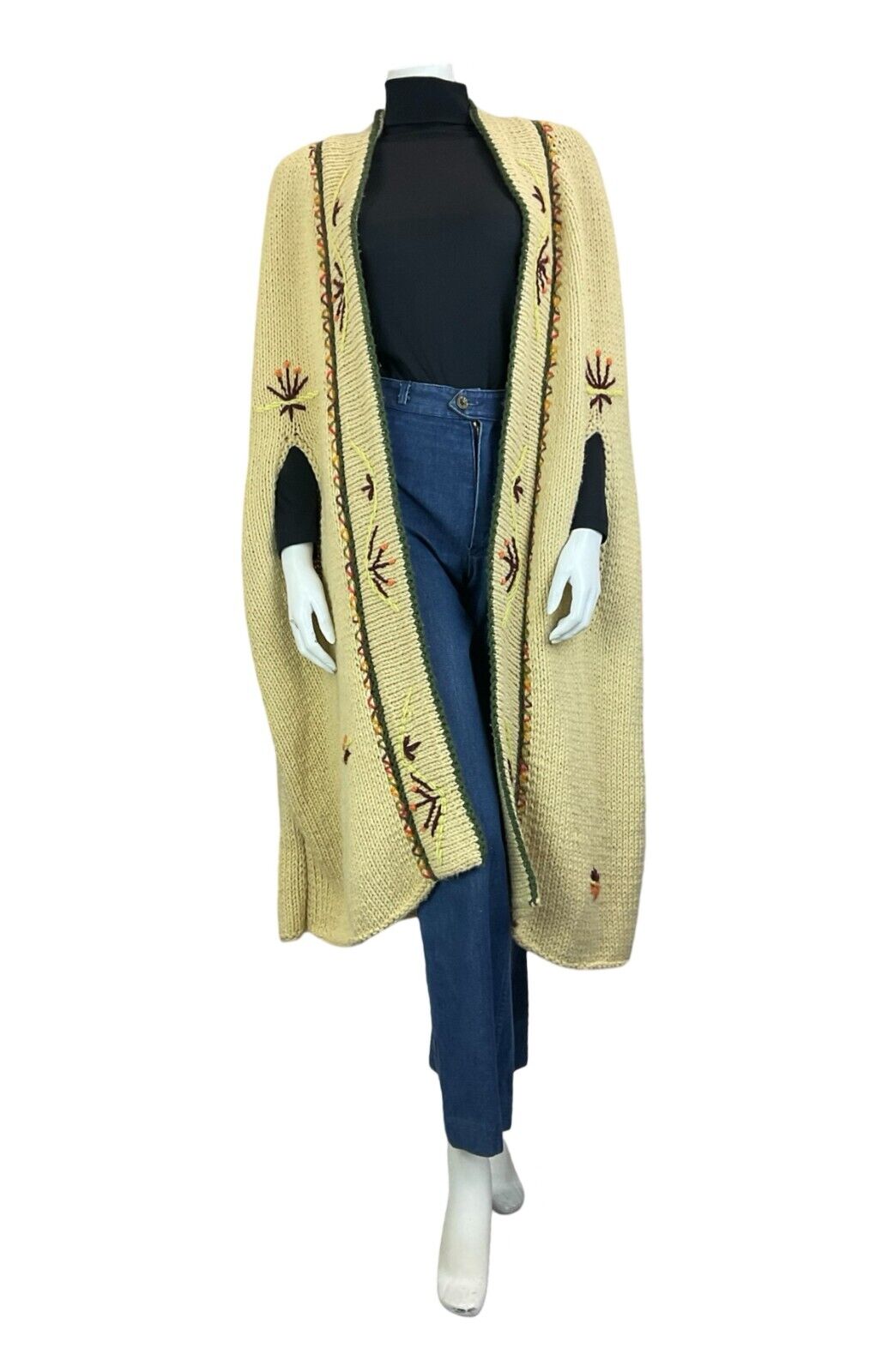 VTG 70S NORDIC CREAM GREEN BURGUNDY FLORA HAND KNIT CAPE CARDIGAN FREE SIZE L XL