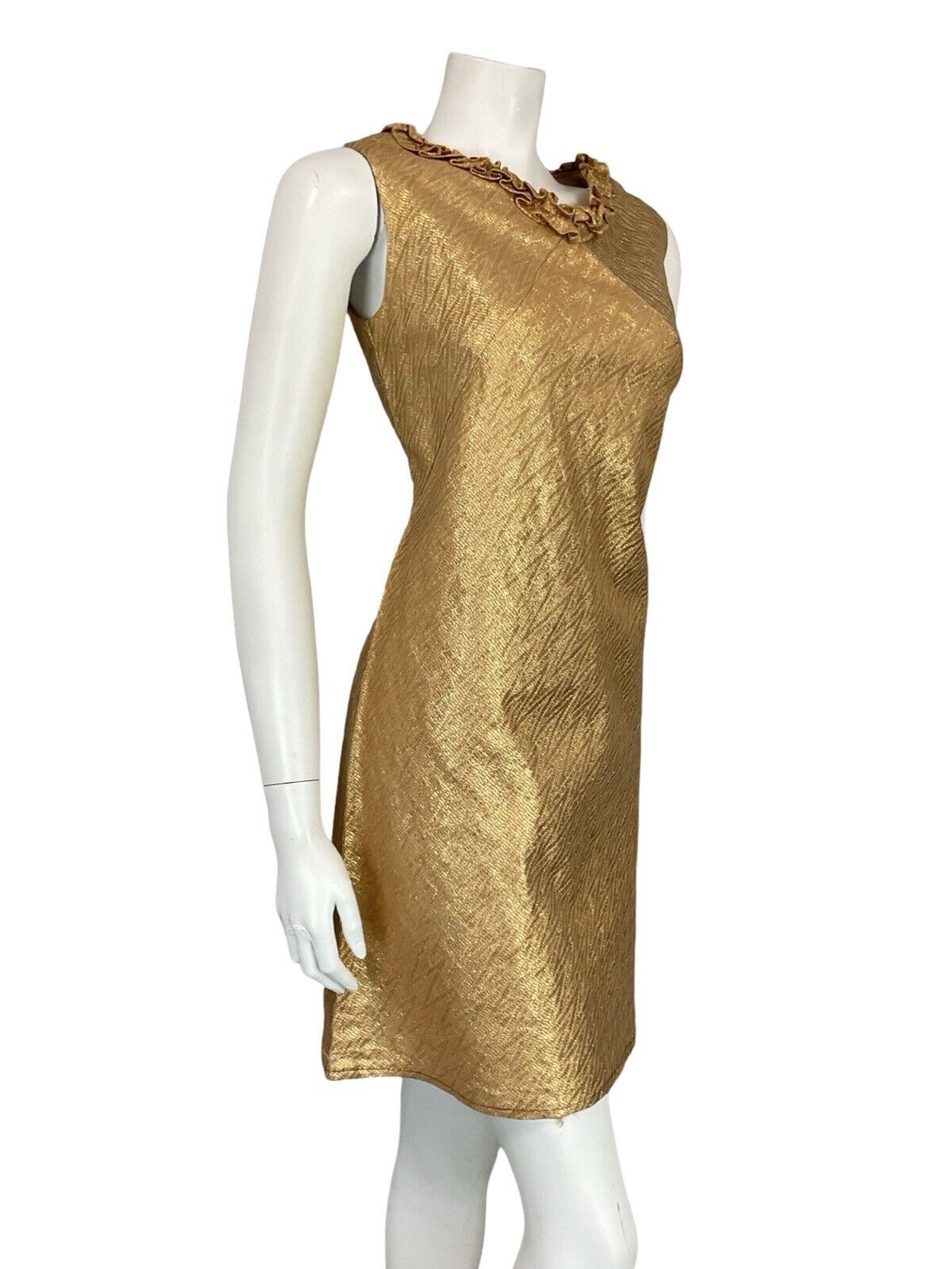 VTG 60S MOD GOLD ZIG ZAG RUFFLE NECK SLEEVELESS MINI SHIFT PARTY DRESS 10