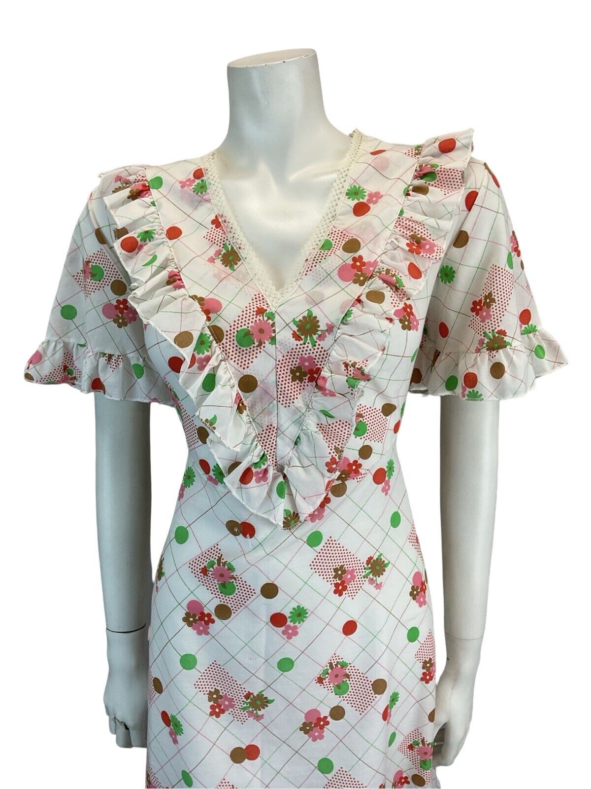 VTG 70S WHITE PINK GREEN COTTON FEEL SUMMER MINI DRESS GRID FLORAL 12 14