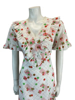 VTG 70S WHITE PINK GREEN COTTON FEEL SUMMER MINI DRESS GRID FLORAL 12 14