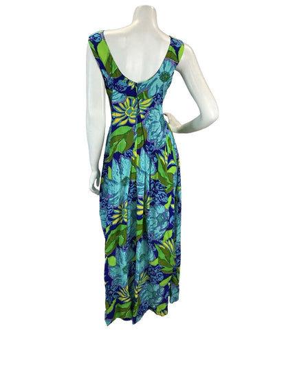 VTG 60s 70S  BLUE GREEN HAWAIIAN TROPICAL LEAF PRINT  SCOOP BACK MAXI DRESS 10