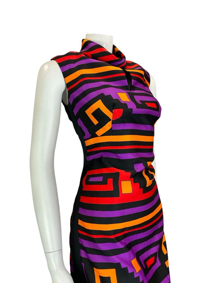 VTG 60S MOD BLACK PURPLE RED YELLOW FUNNEL NECK SLEEVELESS MIDI DRESS