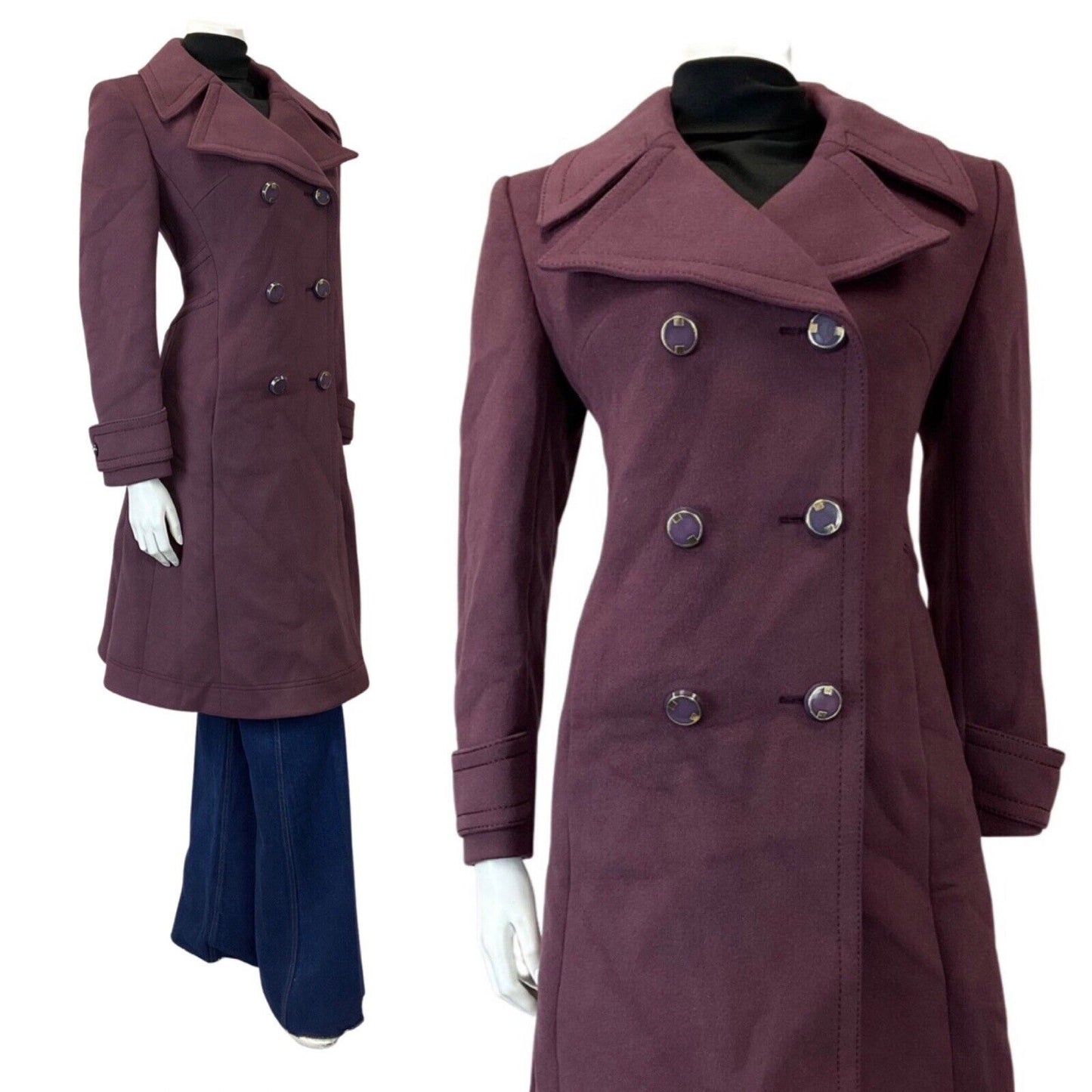 VINTAGE 60s 70s PLUM PURPLE DOUBLE-BREASTED MOD WOOL PRINCESS COAT 10 12