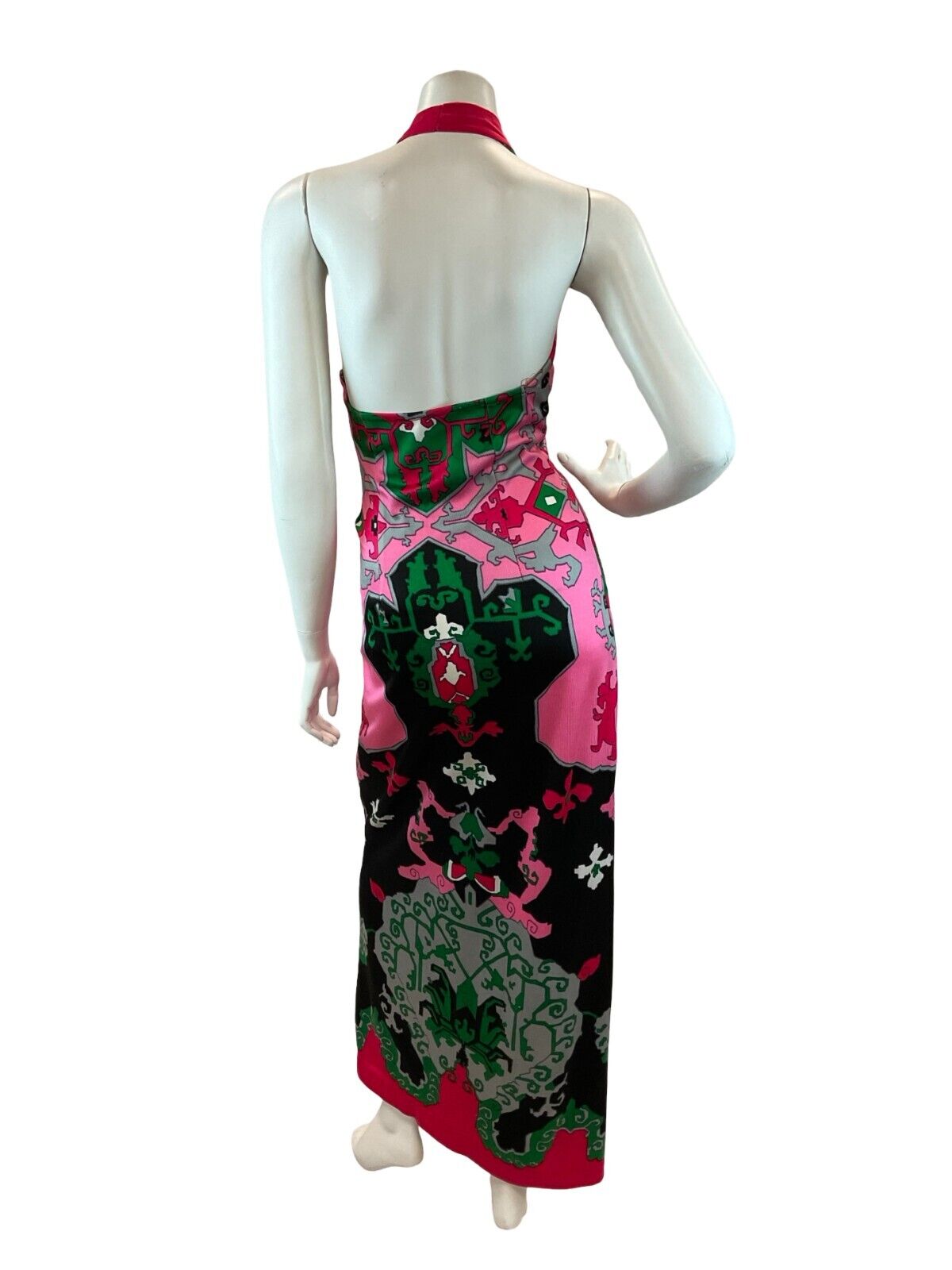 VTG 1970S HALTER SUMMER SUN GEOMETRIC PSYCHEDELIC MAXI DRESS PINK GREEN BLACK 10