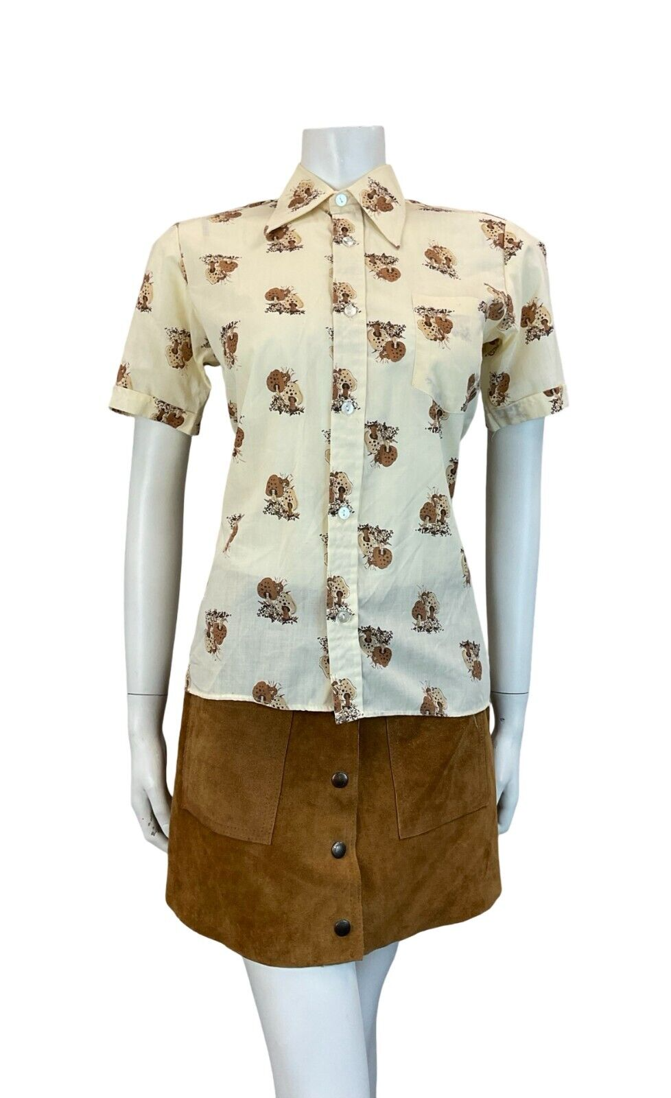 VTG CREAM BROWN WOODLAND MUSHROOM SHORT SLEEVE DAGGER COLLAR SHIRT 10