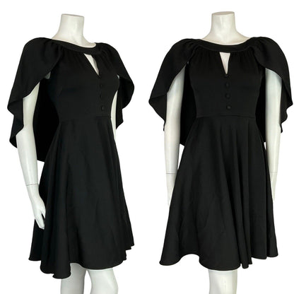 VTG 60S 70S BLACK CAPE KEYHOLE NECK FORM FITTING LITTLE BLACK MINI DRESS 4