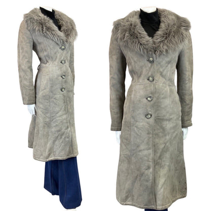 VINTAGE 60s 70s STONE GREY SUEDE LEATHER SHEARLING COLLAR PRINCESS COAT 12 14