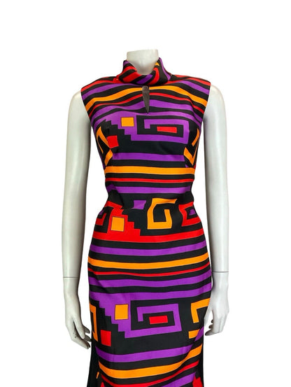 VTG 60S MOD BLACK PURPLE RED YELLOW FUNNEL NECK SLEEVELESS MIDI DRESS