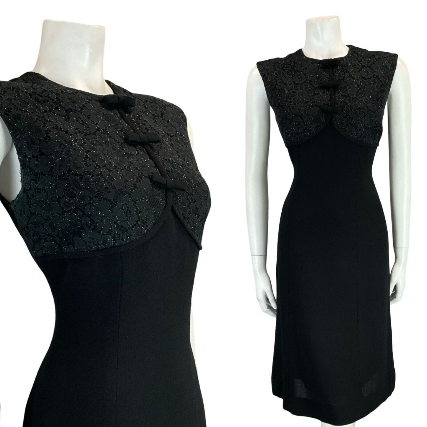 VTG 60S MOD TAILORED DAINTY GLITTERY LACE BOW SLEEVELESS BLACK PARTY DRESS 10