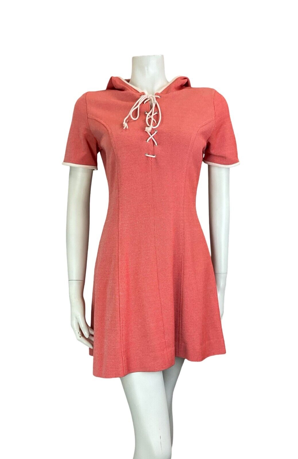 VTG 70S SPORTY PREPPY RED MEDIEVAL REVIVAL LACE UP HOODED SHORT SLEEVE DRESS 10