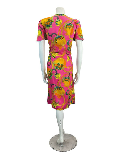 VTG 60S 70S VIVID PSYCHEDELIC FLORAL SHIFT MIDI DRESS 12 14 16 18 20