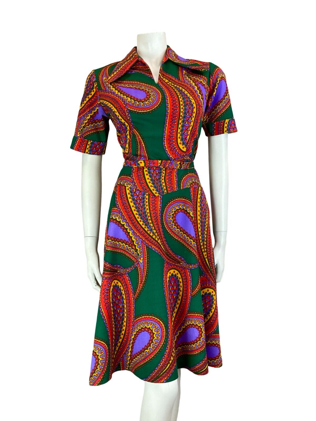 VTG 60S 70S BEAGLE COLLAR PSYCHEDELIC PAISLEY GREEN PURPLE RED SHIRT DRESS 12 14