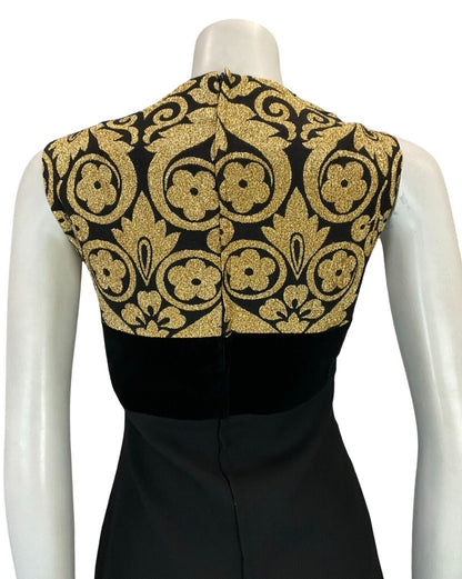 VTG 60S MOD BLACK WOOL GOLD BROCADE SLEEVELESS VELVET EVENING DRESS 10