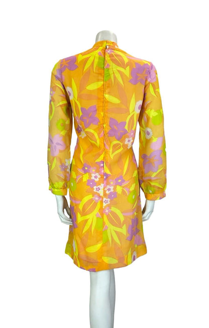 VTG 60S 70S FLORAL PSYCHEDELIC MANDARIN COLLAR ORANGE PINK YELLOW SHIFT DRESS 14