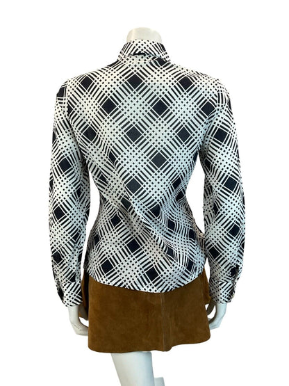 VTG 60S 70S GEOMETRIC PSYCHDELIC BLACK WHITE LONG SLEEVE DAGGER COLLAR SHIRT 12