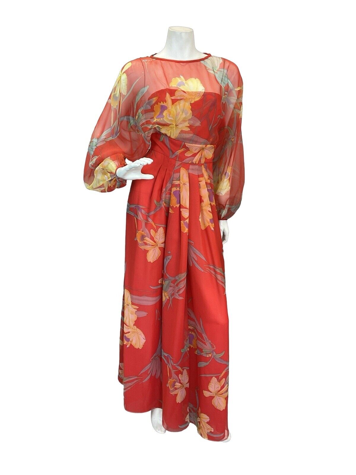 VTG 60S 70S RED ORANGE FLORAL PRINT BISHOP SLEEVE FLOATY MAXI DRESS 8 10