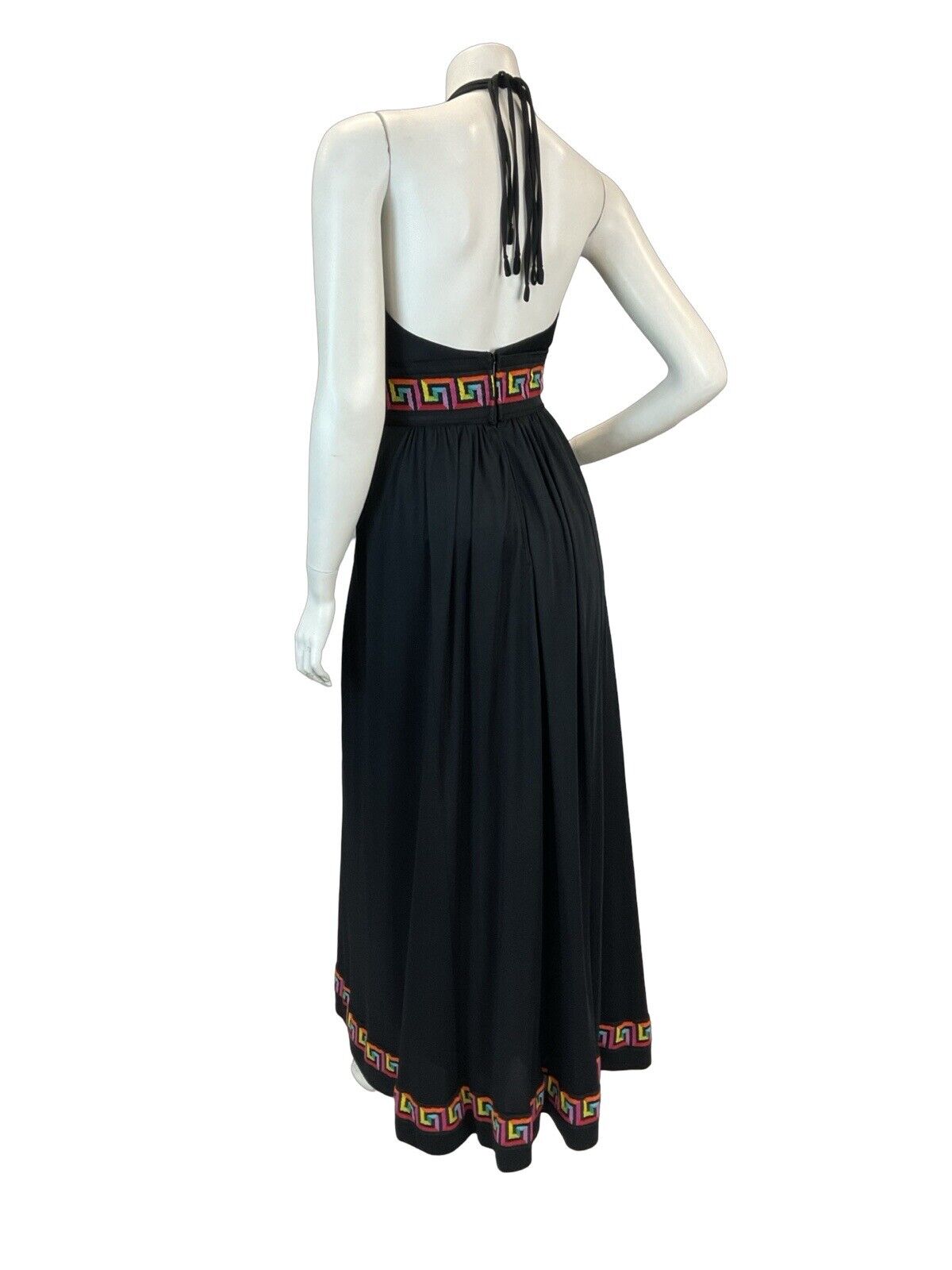 VTG 70S DISCO SUMMER BLACK MULTICOLOUR EMBROIDERED HALTERNECK MAXI DRESS 4