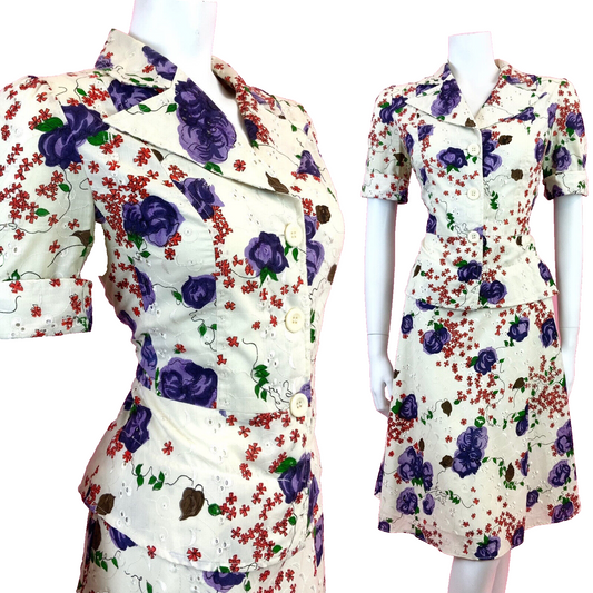 VTG 60s CREAM PURPLE RED EMBROIDERED ANGLAISE FLORAL PEPLUM SHIRT DRESS 12 14