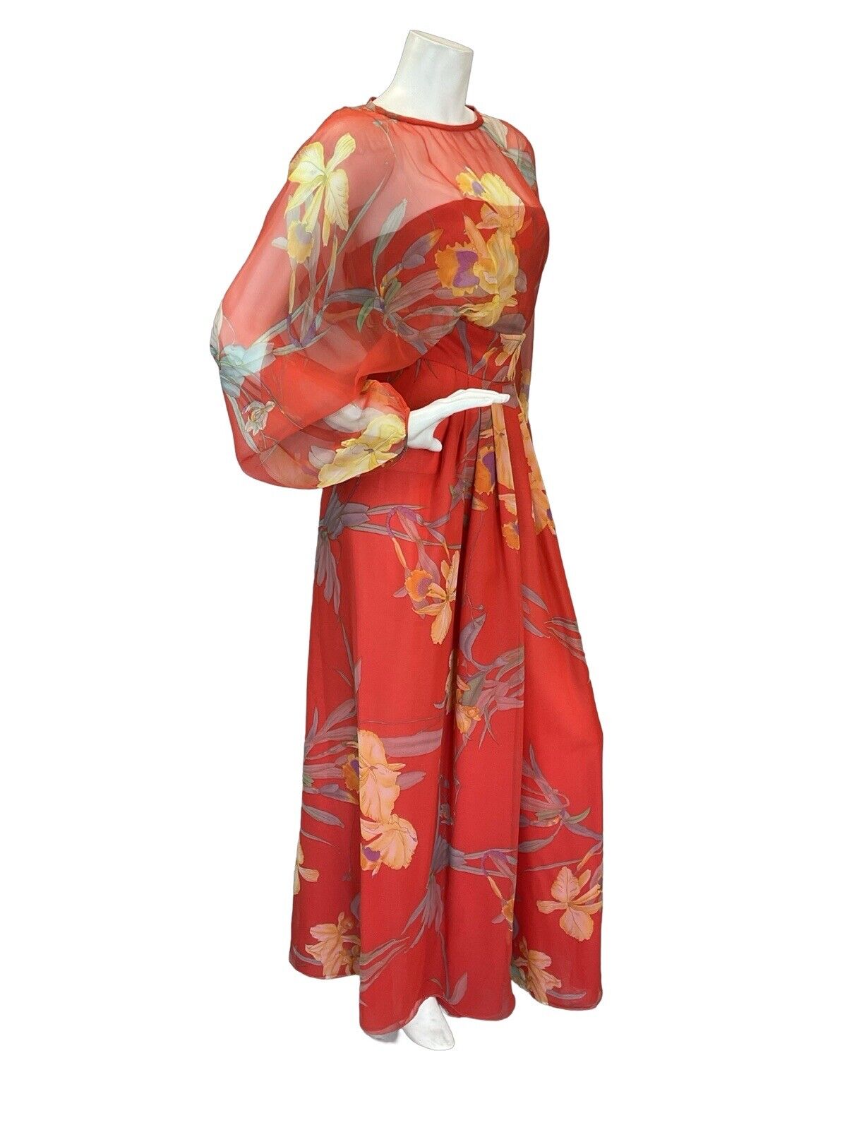 VTG 60S 70S RED ORANGE FLORAL PRINT BISHOP SLEEVE FLOATY MAXI DRESS 8 10