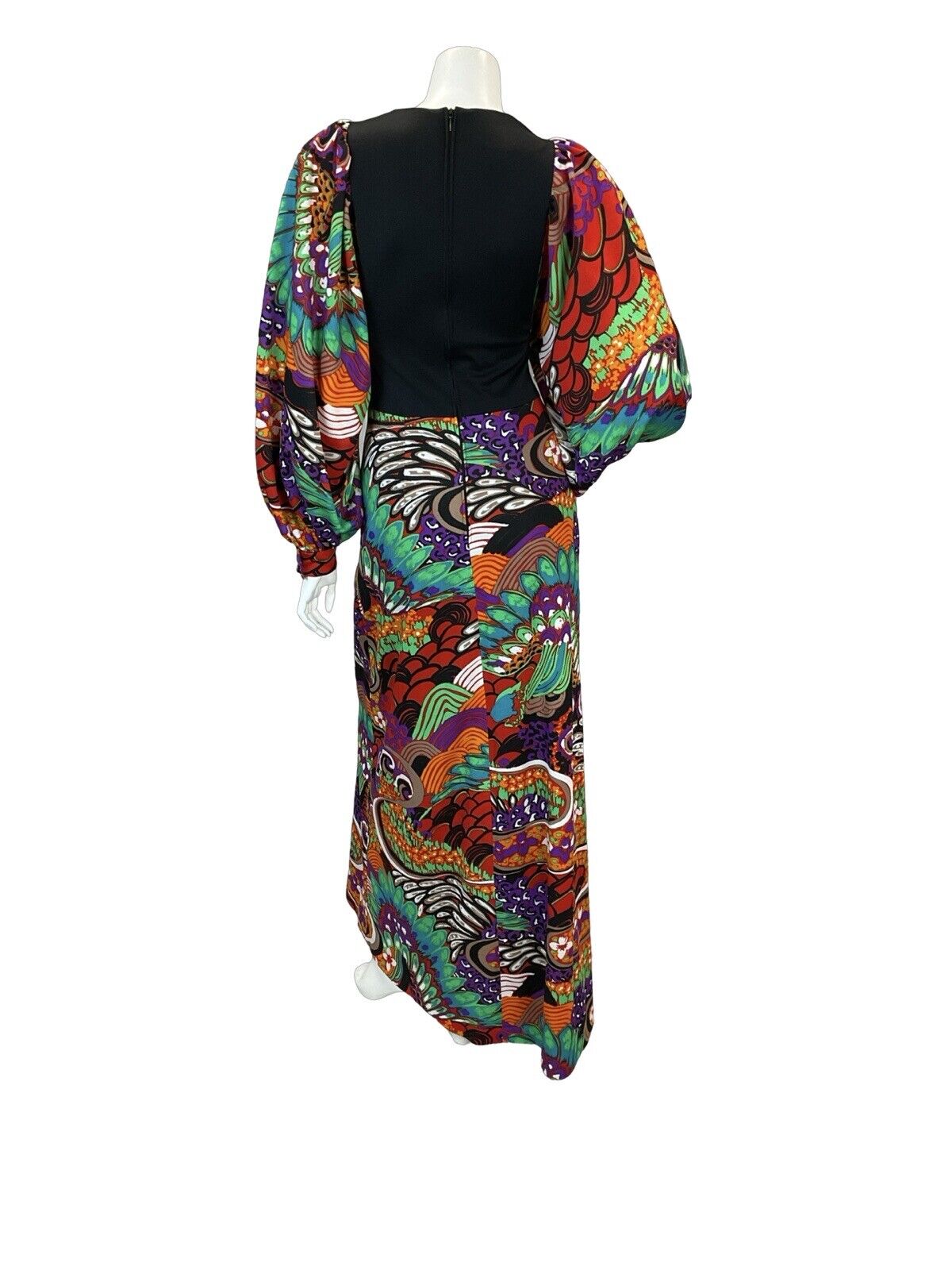 VTG 70S MULTICOLOUR TRIPPY PSYCHEDELIC PATTERN BISHOP SLEEVE MAXI DRESS 8 10