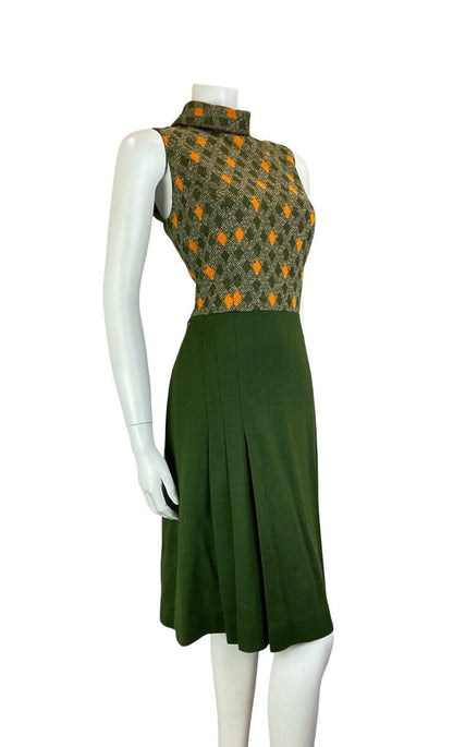 VTG 60S 70S DARK GREEN ORANGE DIAMOND CHECKED SLEEVELESS MIDI DRESS SIZE S 8 10