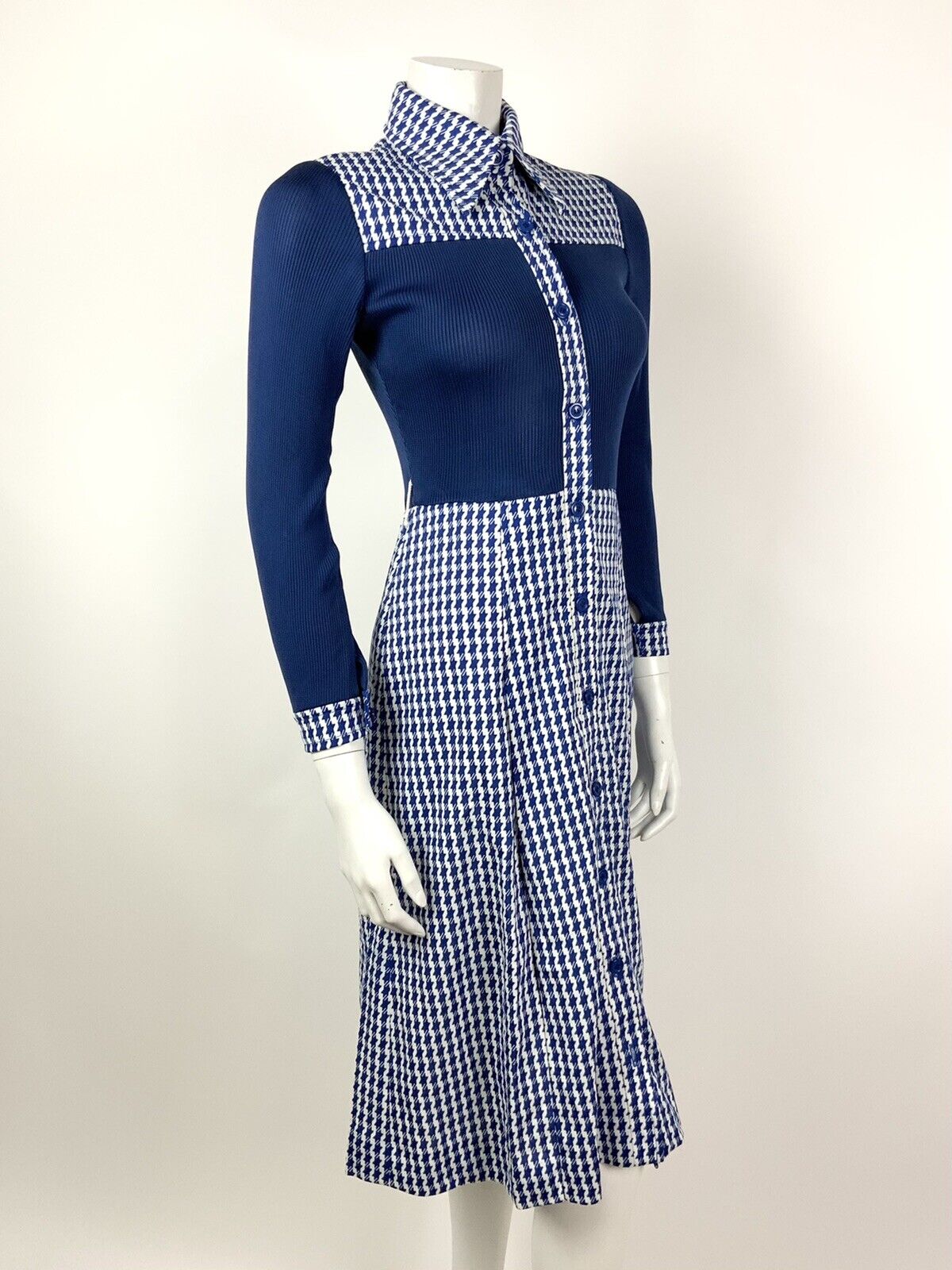 VINTAGE 60s 70s NAVY BLUE WHITE HOUNDSTOOTH DAGGER COLLAR SHIRT DRESS 8 10