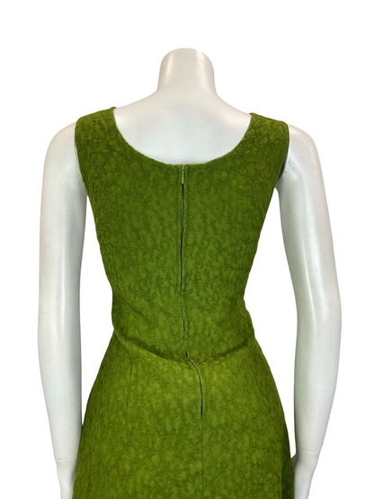 VTG 60S 70S GREEN GOLD BUTTON SLEEVELESS V NECK TEXTURED MIDI DRESS SIZE 6 8