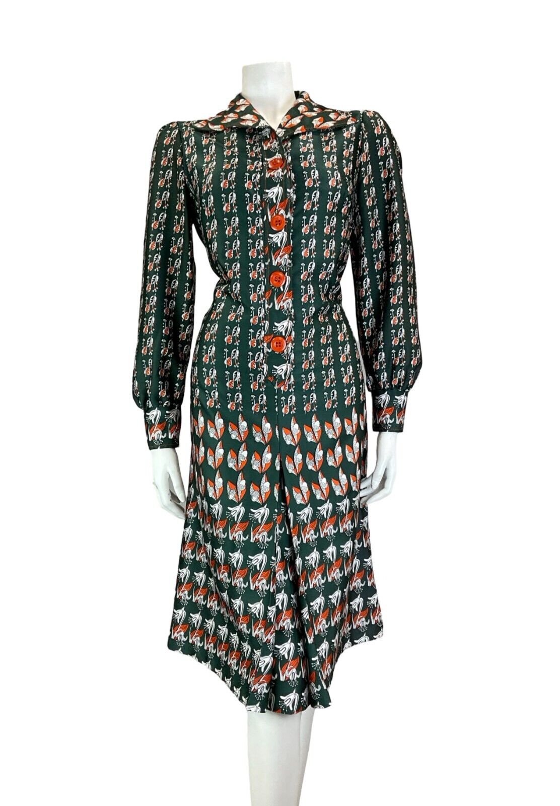 VTG 70S ART NOUVEAU ACORN GREEN ORANGE WHITE FLORAL SHIRT DRESS SIZE 12 14