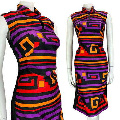 VTG 60S MOD BLACK PURPLE RED YELLOW FUNNEL NECK SLEEVELESS MIDI DRESS