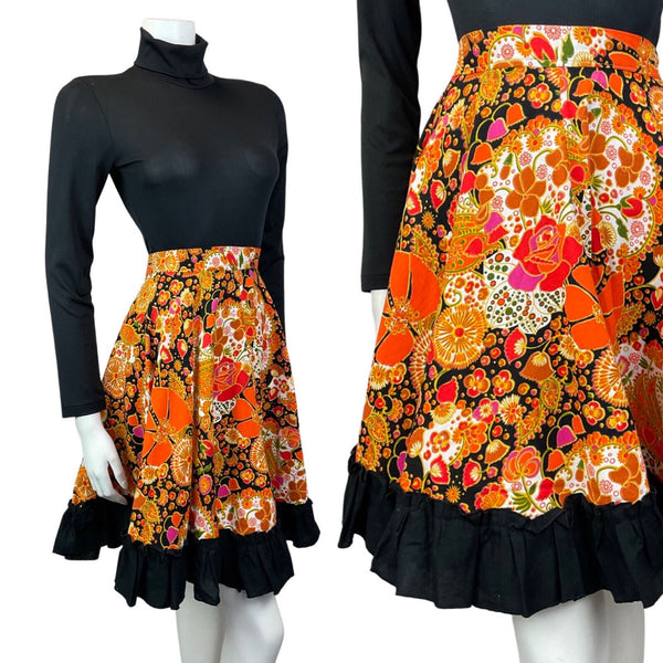 VINTAGE 60s ORANGE BLACK PINK PSYCHEDELIC FLORAL RUFFLED SWING SHORT SKIRT 8 10