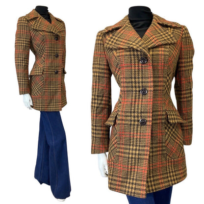 VINTAGE 60s 70s BROWN CREAM ORANGE GLEN PLAID CHECKED MOD WOOL COAT 10 12