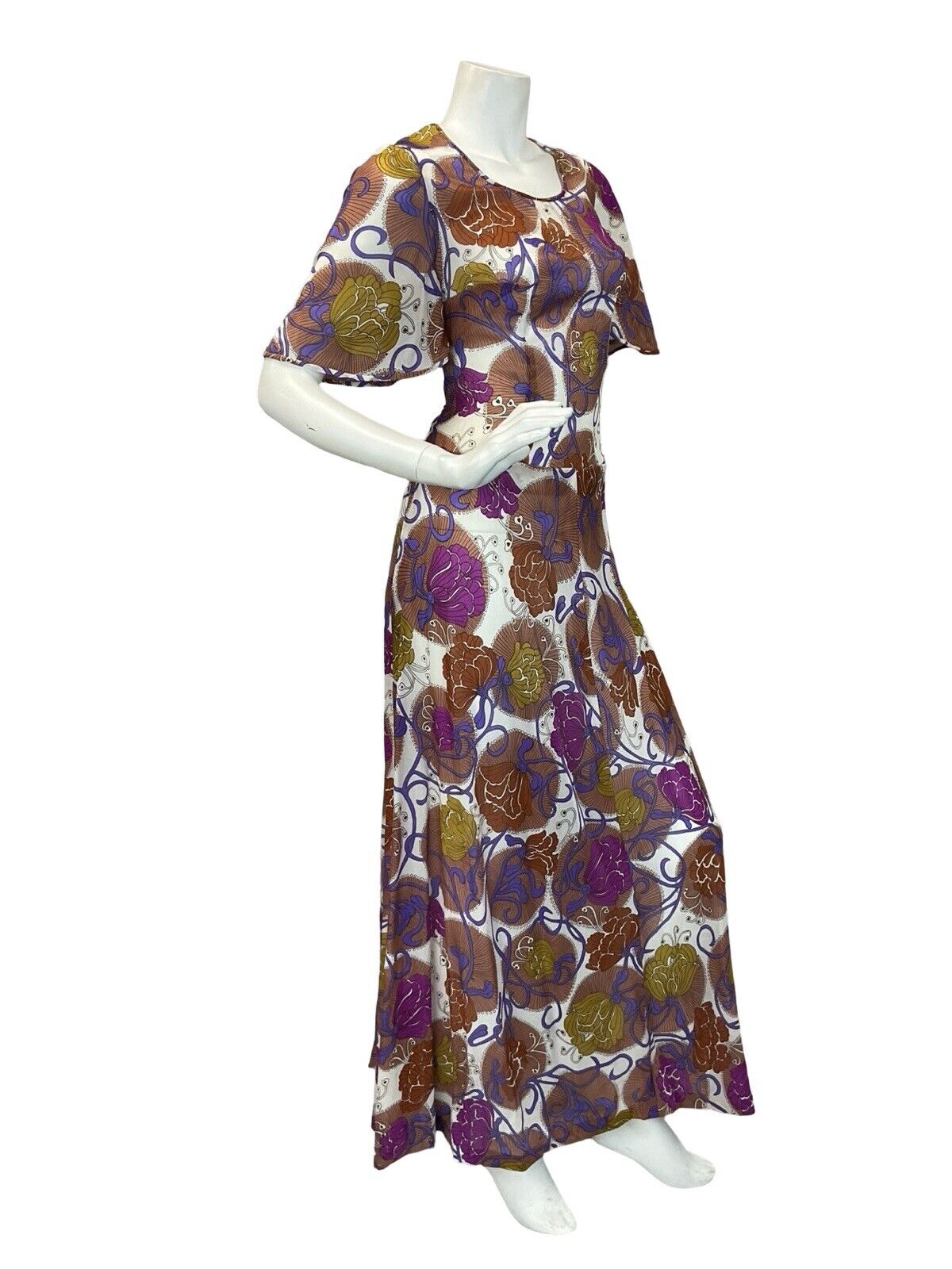 VTG 60s 70s  TRIPPY FLORAL PATTERN MULTICOLOUR BUTTERFLY SLEEVE MAXI DRESS 12