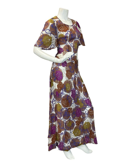 VTG 60s 70s  TRIPPY FLORAL PATTERN MULTICOLOUR BUTTERFLY SLEEVE MAXI DRESS 12