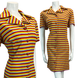 VTG 70S RED YELLOW BLUE STRIPED SHIRT DRESS SCOOTER MOD SHIRT DRESS 14 16 18