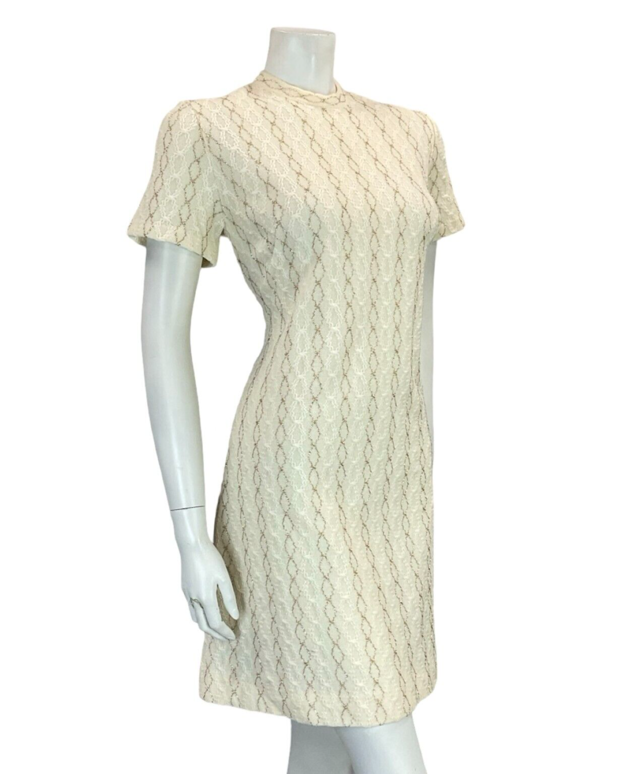 VTG 60S MOD WOOL KNITTED TEXTURE CREAM GOLD SHORT SLEEVE MINI DRESS 11