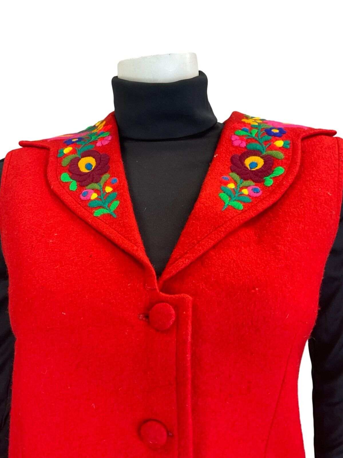 VTG 60S 70S RED GREEN EMBROIDERED FLORAL LAPEL WOOL FELT GILET WAISTCOAT SIZE 12