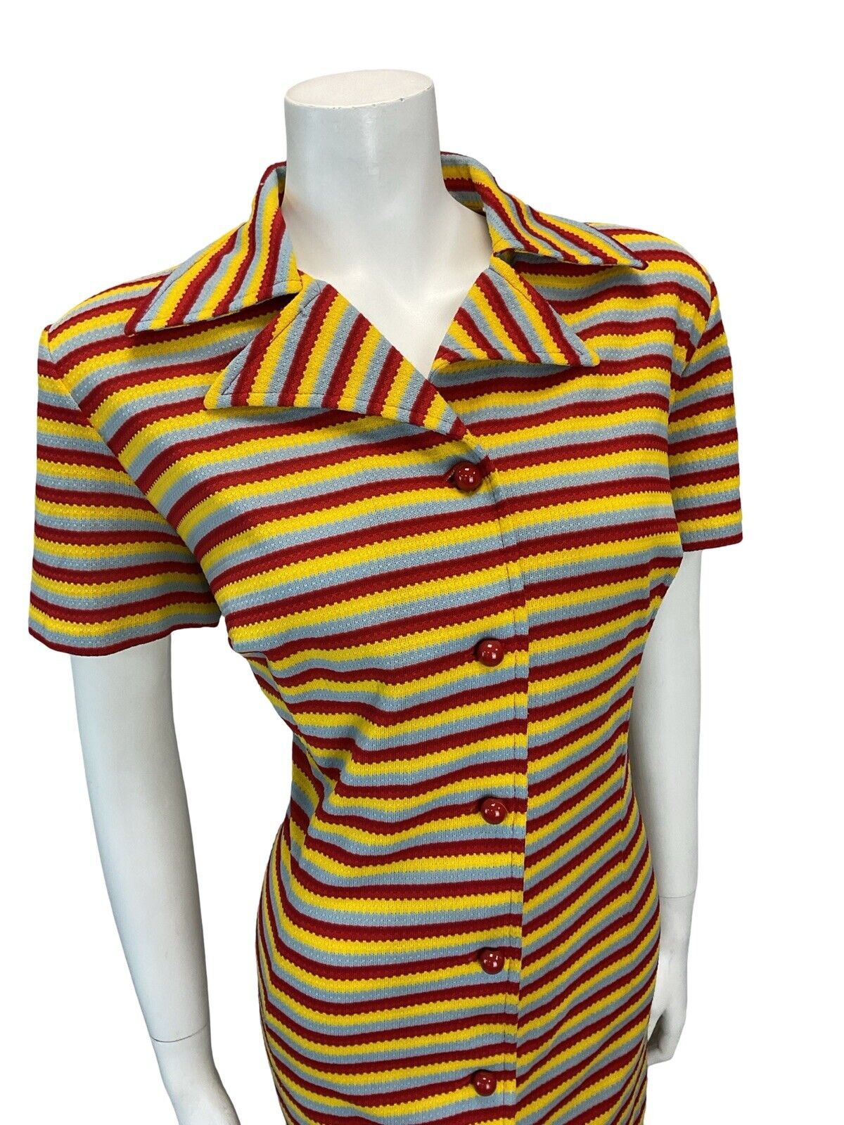 VTG 70S RED YELLOW BLUE STRIPED SHIRT DRESS SCOOTER MOD SHIRT DRESS 14 16 18