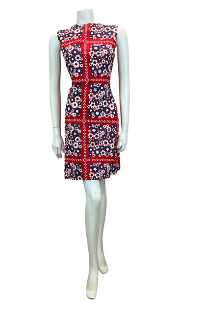 VTG 60S MOD GOGO SCOOTER DAISY SHIFT MINI DRESS RED BLUE WHITE 10 12