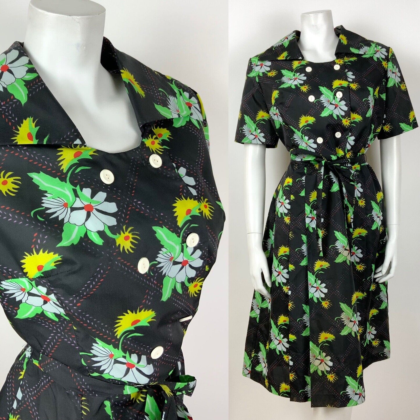 VINTAGE 60s 70s BLACK GREEN YELLOW WHITE CHECKED FLORAL BELTED SWING DRESS 14 16