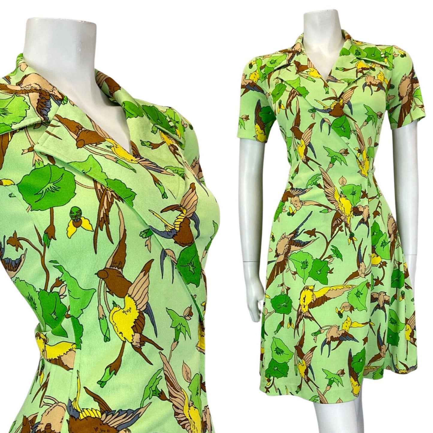 VINTAGE 60s 90s GREEN BROWN YELLOW FLORAL BIRD PARROT MOD SHIRT DRESS 10