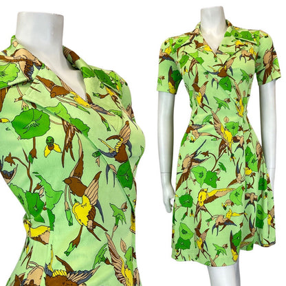 VINTAGE 60s 90s GREEN BROWN YELLOW FLORAL BIRD PARROT MOD SHIRT DRESS 10