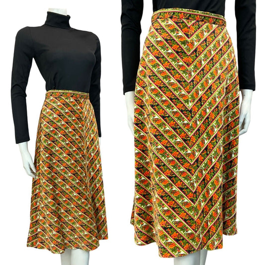 VTG 70S FOLK HIPPY FLORAL BOHO STRIPE MIDI SKIRT SIZE S 8 10