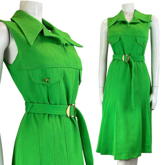 VTG 60S 70S BRIGHT GREEN STRIPED JOHHNY COLLAR SLEEVELESS BELTED SHIRT DRESS 10