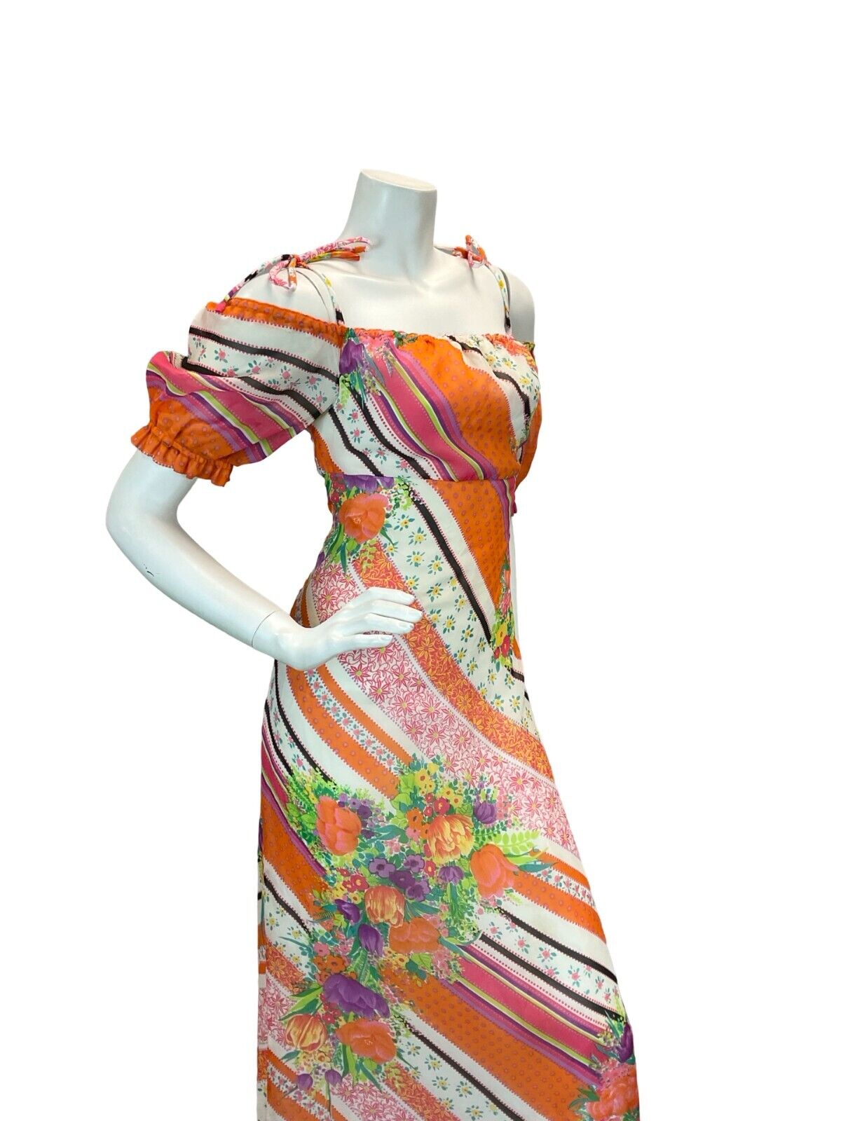 VTG EMPIRE STRIPE FLORAL PSYCHEDELIC MAXI DRESS ORANGE PINK BLUE GREEN YELLOW 8